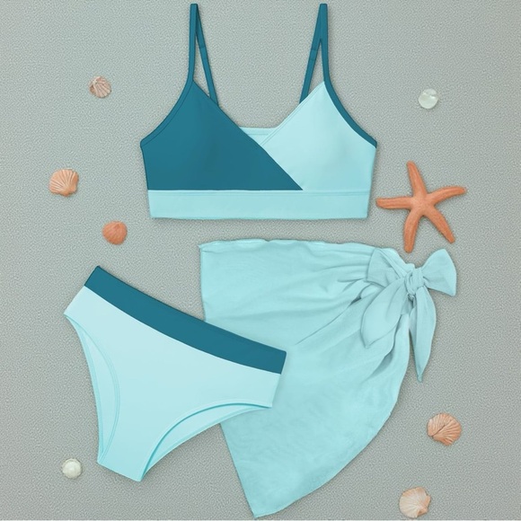 Girls 3pc Colorblock Teal/Blue Bikini + Cover-Up, 13–14Y NWOT - Picture 3 of 13